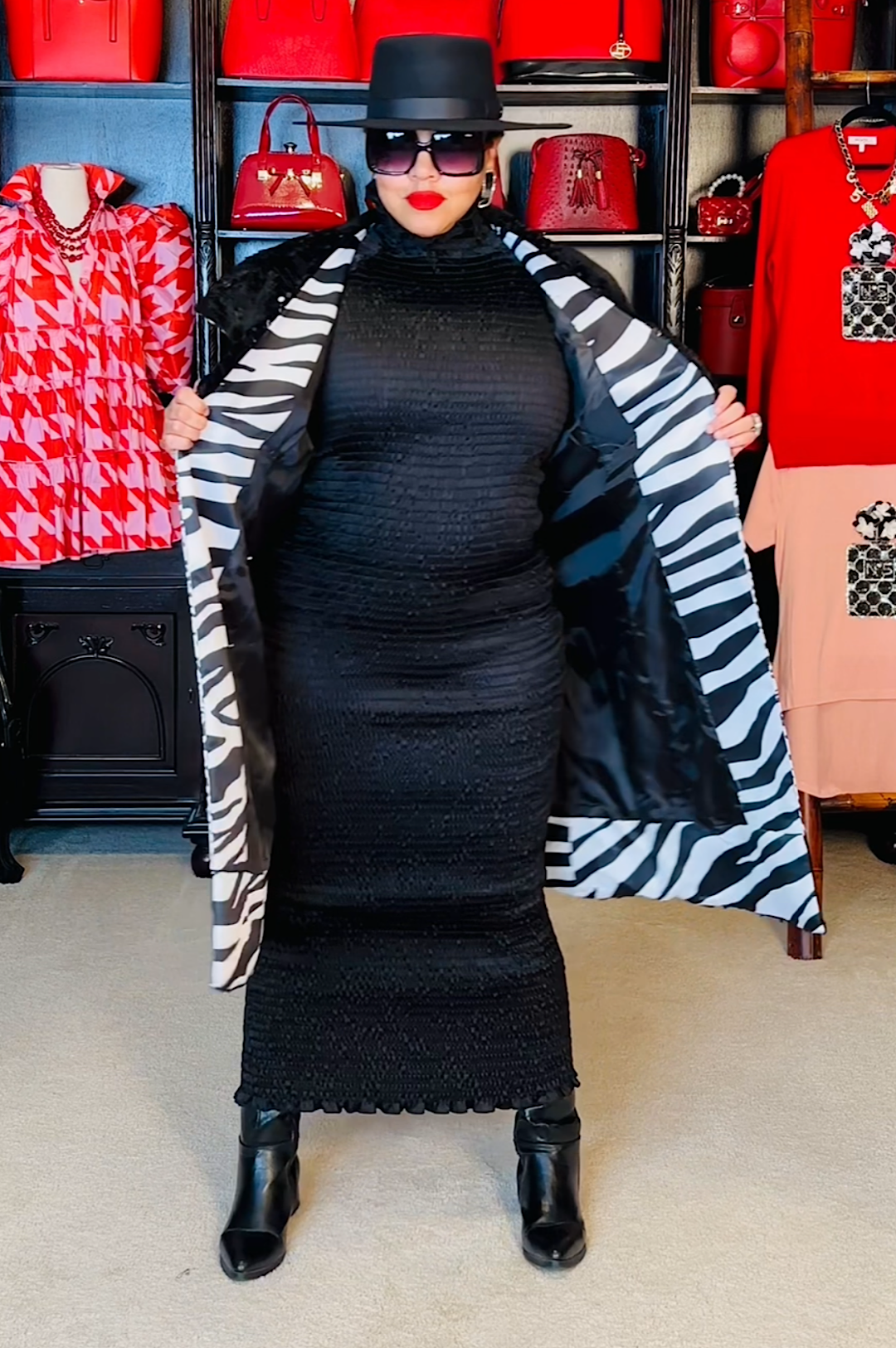 Black Sequin Animal Print Coat Dress (7889514692782)