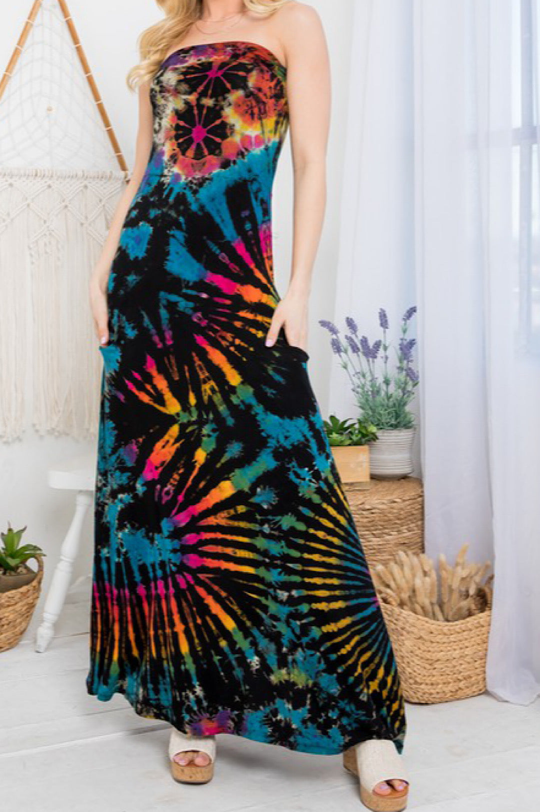 Black Rainbow Tie Dye Strapless Maxi Dress (7951579185326)