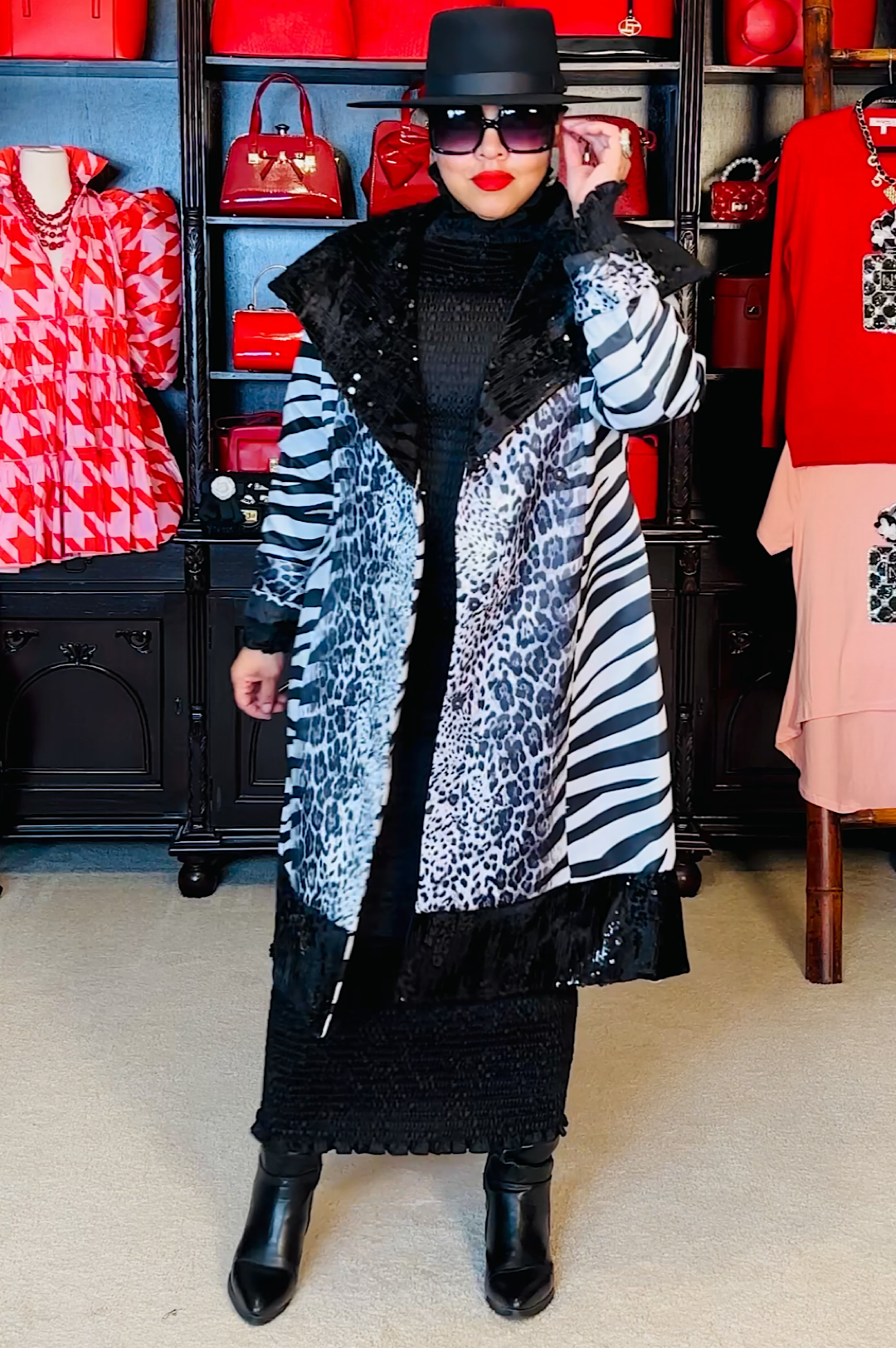 Black Sequin Animal Print Coat Dress (7889514692782)